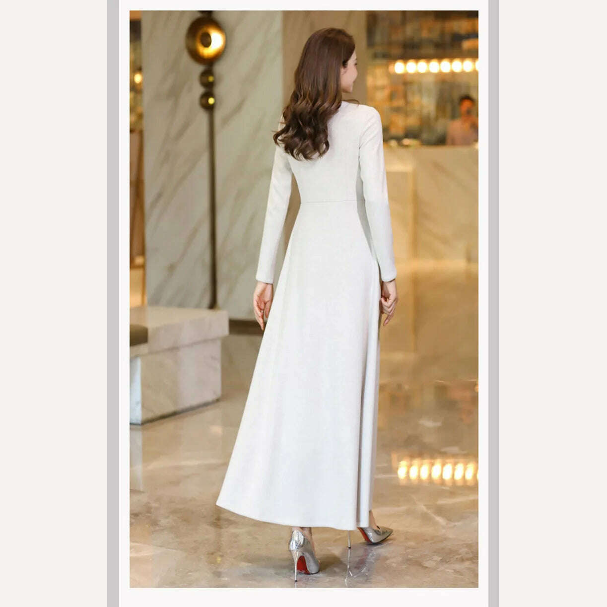 New Women Spring Autumn Long Woolen Dress Fashion Small Stand Collar Long Sleeve Slim Thick Dress Elegant Beige Overlength Dress - KIMLUD