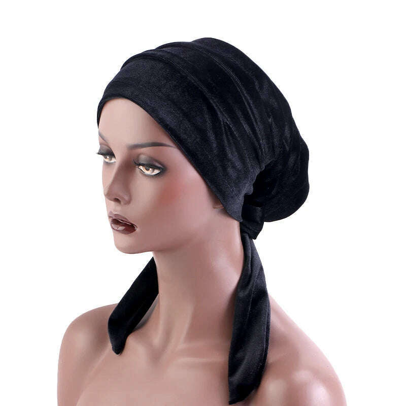 New Women Velvet Rasta Turban with Ribbon Head Wrap Beanie Hair Loss Chemo Slouchy Baggy Cap Bonnet African Nigerian Headwear - KIMLUD