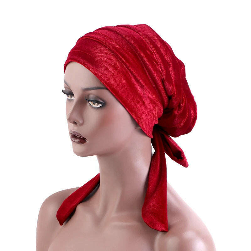 New Women Velvet Rasta Turban with Ribbon Head Wrap Beanie Hair Loss Chemo Slouchy Baggy Cap Bonnet African Nigerian Headwear - KIMLUD