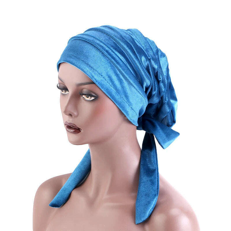 New Women Velvet Rasta Turban with Ribbon Head Wrap Beanie Hair Loss Chemo Slouchy Baggy Cap Bonnet African Nigerian Headwear - KIMLUD