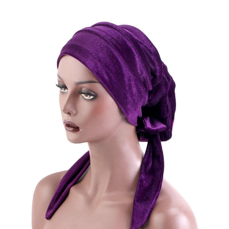 New Women Velvet Rasta Turban with Ribbon Head Wrap Beanie Hair Loss Chemo Slouchy Baggy Cap Bonnet African Nigerian Headwear - KIMLUD