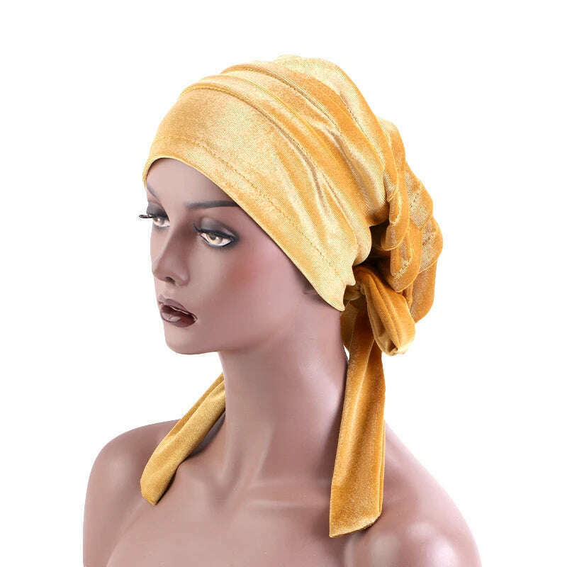 New Women Velvet Rasta Turban with Ribbon Head Wrap Beanie Hair Loss Chemo Slouchy Baggy Cap Bonnet African Nigerian Headwear - KIMLUD