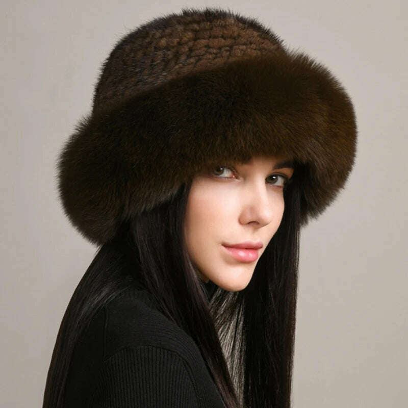 KIMLUD, New Women Winter Luxury Knitted Real Mink Fur Bomber Hat Natural Warm Fox Fur Cap Girls Quality Soft 100% Genuine Mink Fur Hats, dark brown / One Size, KIMLUD APPAREL - Womens Clothes