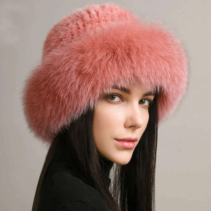 KIMLUD, New Women Winter Luxury Knitted Real Mink Fur Bomber Hat Natural Warm Fox Fur Cap Girls Quality Soft 100% Genuine Mink Fur Hats, dark pink / One Size, KIMLUD APPAREL - Womens Clothes