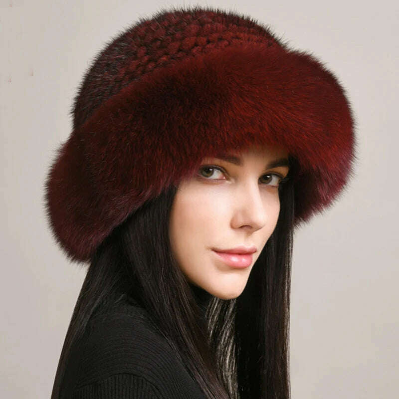 KIMLUD, New Women Winter Luxury Knitted Real Mink Fur Bomber Hat Natural Warm Fox Fur Cap Girls Quality Soft 100% Genuine Mink Fur Hats, wine red / One Size, KIMLUD APPAREL - Womens Clothes