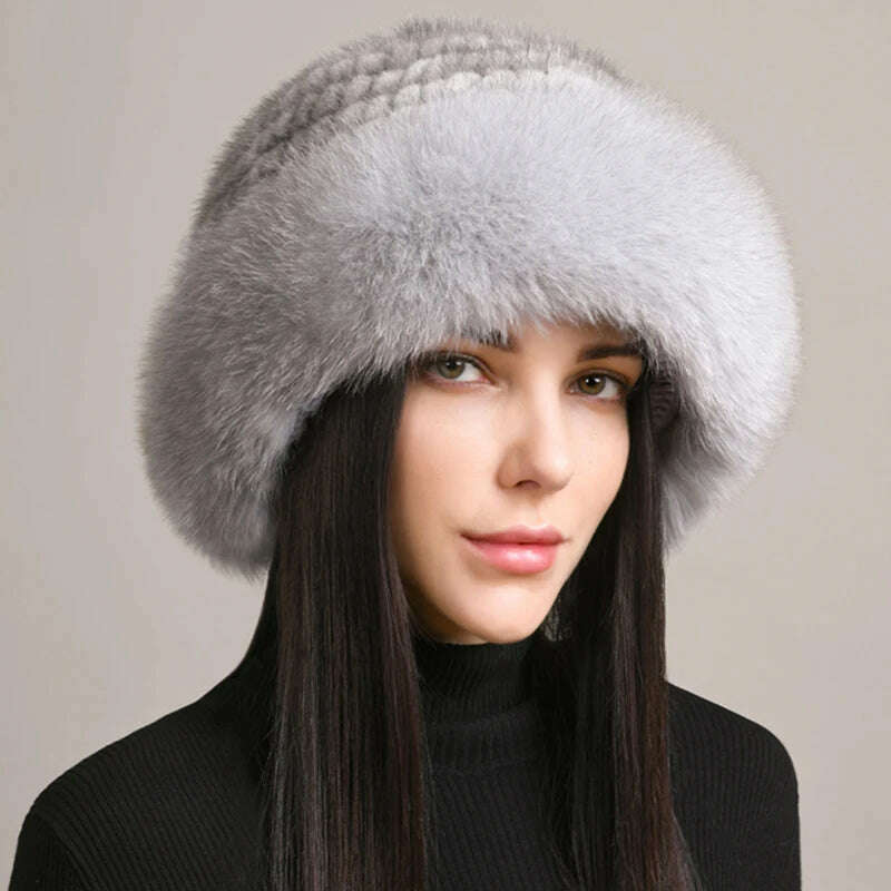 KIMLUD, New Women Winter Luxury Knitted Real Mink Fur Bomber Hat Natural Warm Fox Fur Cap Girls Quality Soft 100% Genuine Mink Fur Hats, grey / One Size, KIMLUD APPAREL - Womens Clothes