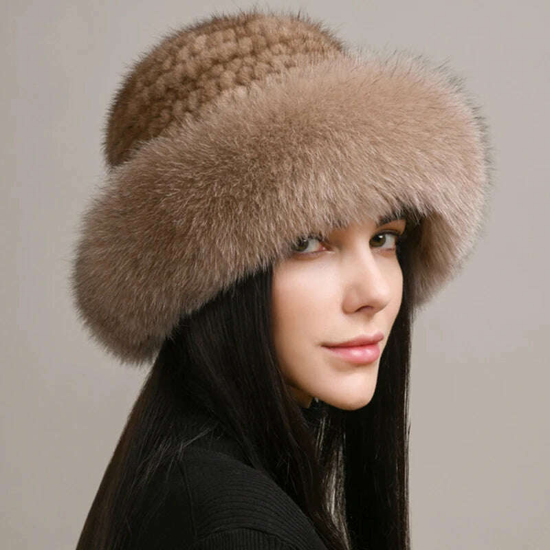 KIMLUD, New Women Winter Luxury Knitted Real Mink Fur Bomber Hat Natural Warm Fox Fur Cap Girls Quality Soft 100% Genuine Mink Fur Hats, light brown / One Size, KIMLUD APPAREL - Womens Clothes