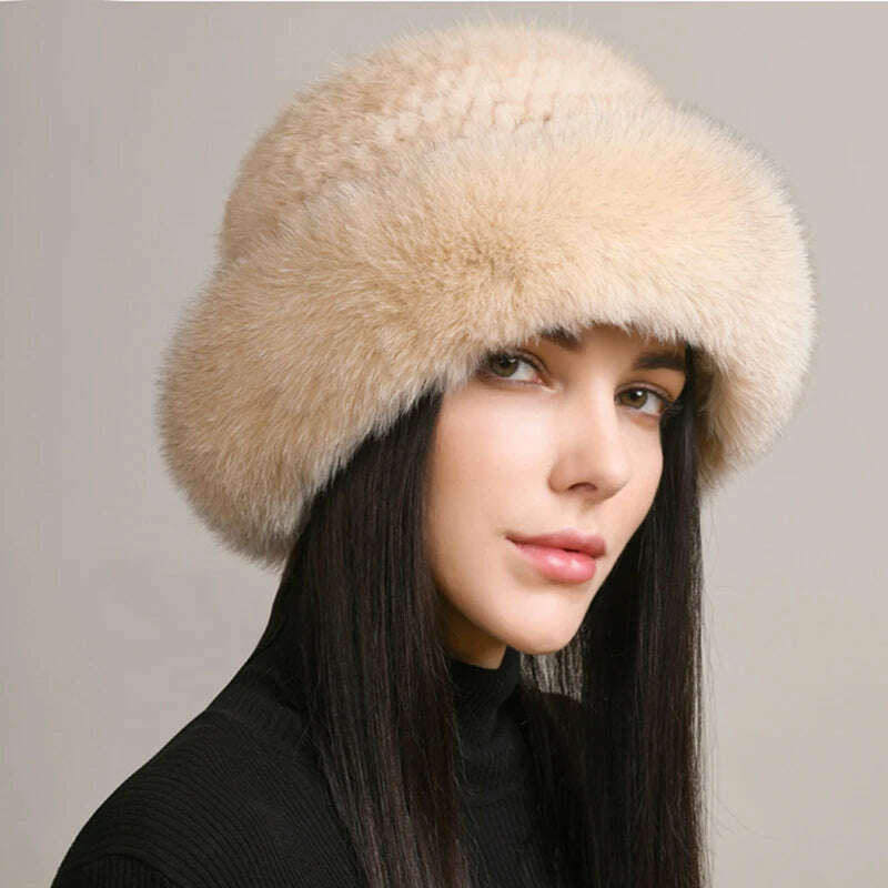 KIMLUD, New Women Winter Luxury Knitted Real Mink Fur Bomber Hat Natural Warm Fox Fur Cap Girls Quality Soft 100% Genuine Mink Fur Hats, beige / One Size, KIMLUD APPAREL - Womens Clothes