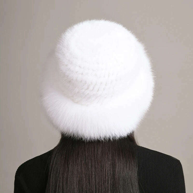 KIMLUD, New Women Winter Luxury Knitted Real Mink Fur Bomber Hat Natural Warm Fox Fur Cap Girls Quality Soft 100% Genuine Mink Fur Hats, white / One Size, KIMLUD APPAREL - Womens Clothes