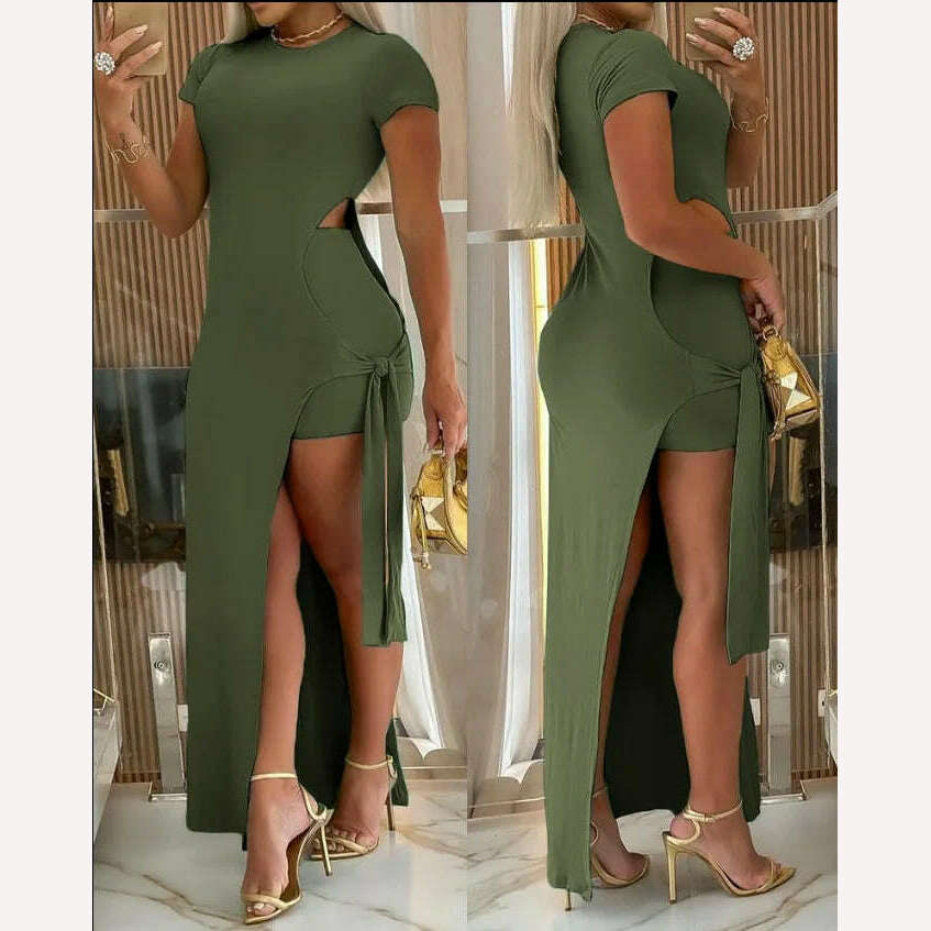 KIMLUD, New Women's Dress Spring/Summer Fashion Casual Split Long Dress, Army Green / XXL, KIMLUD APPAREL - Womens Clothes