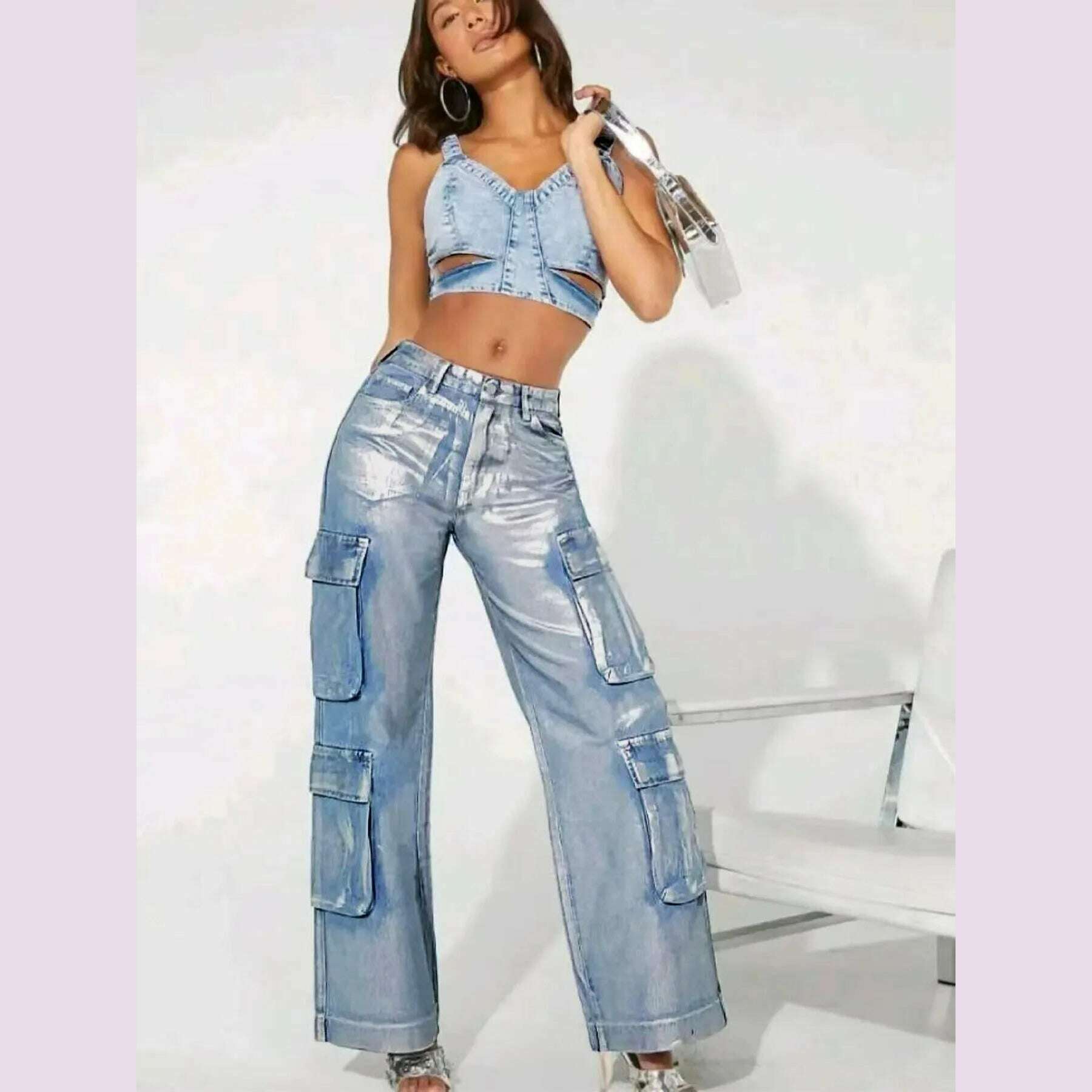 New Women's Fashion Denim Overalls Multi-Pocket Bronzing Comfortable Casual Summer Ladies Loose Denim Pants - KIMLUD