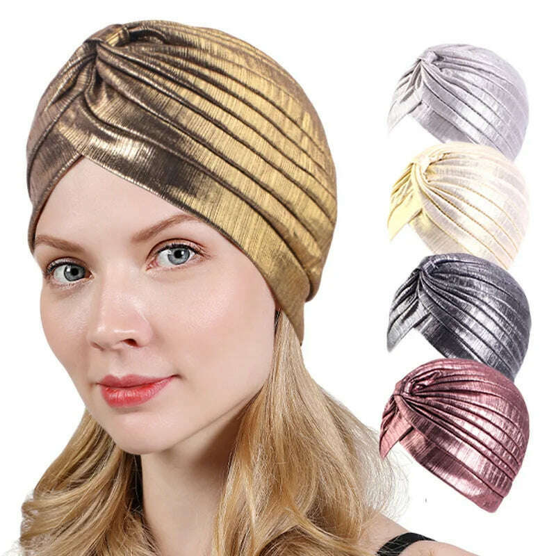 KIMLUD, New Women's Metallic Pleated Knot Turban Hat Retro Ethnic Hat Elastic Head Wrap Shiny Beanies Head Scarf Bonnet Chemo Cap, KIMLUD Womens Clothes