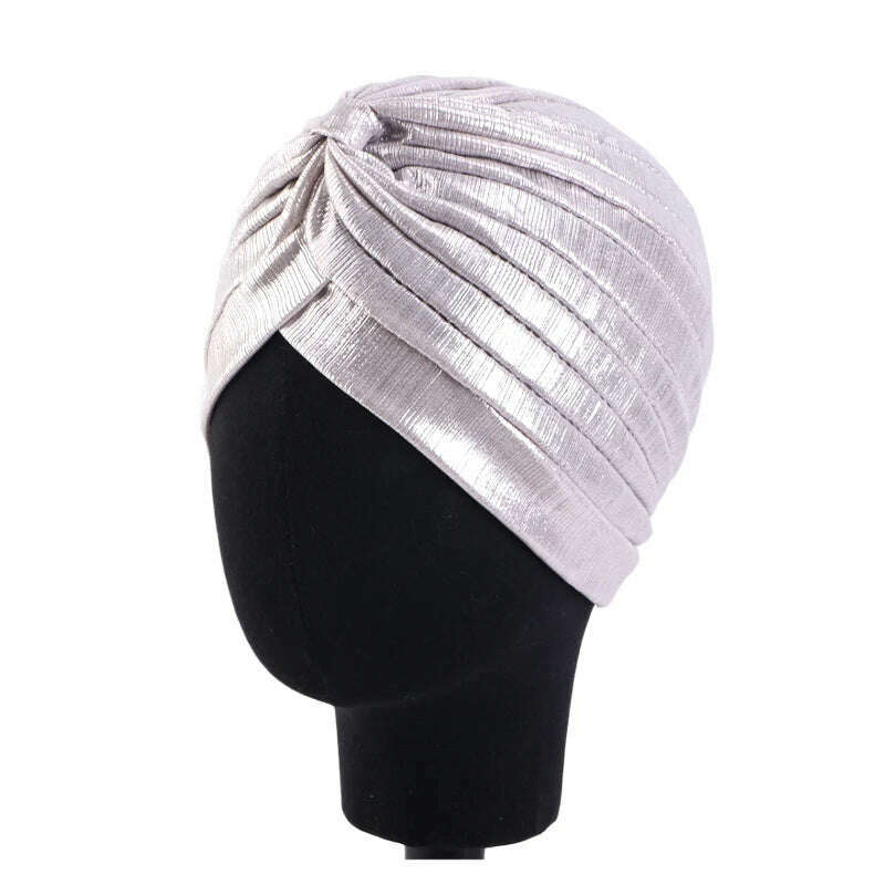 KIMLUD, New Women's Metallic Pleated Knot Turban Hat Retro Ethnic Hat Elastic Head Wrap Shiny Beanies Head Scarf Bonnet Chemo Cap, Light Grey / One Size, KIMLUD APPAREL - Womens Clothes