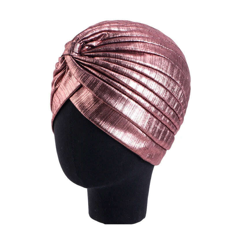 KIMLUD, New Women's Metallic Pleated Knot Turban Hat Retro Ethnic Hat Elastic Head Wrap Shiny Beanies Head Scarf Bonnet Chemo Cap, Rose gold / One Size, KIMLUD APPAREL - Womens Clothes