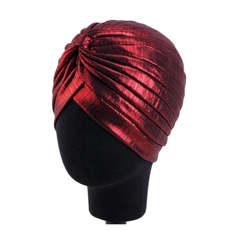 KIMLUD, New Women's Metallic Pleated Knot Turban Hat Retro Ethnic Hat Elastic Head Wrap Shiny Beanies Head Scarf Bonnet Chemo Cap, Red / One Size, KIMLUD APPAREL - Womens Clothes