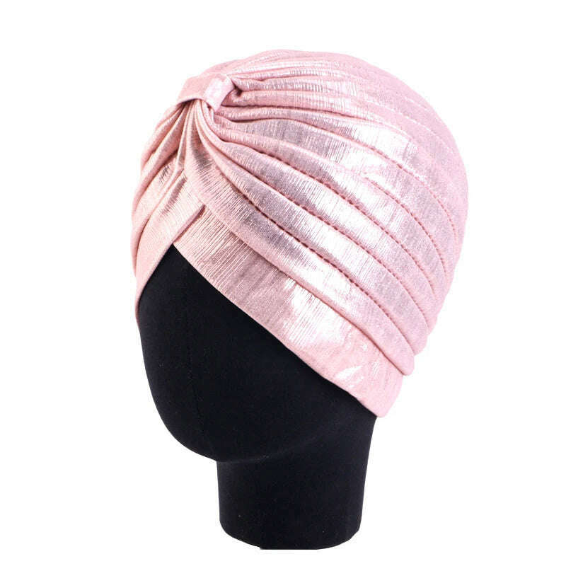 KIMLUD, New Women's Metallic Pleated Knot Turban Hat Retro Ethnic Hat Elastic Head Wrap Shiny Beanies Head Scarf Bonnet Chemo Cap, Pink / One Size, KIMLUD APPAREL - Womens Clothes