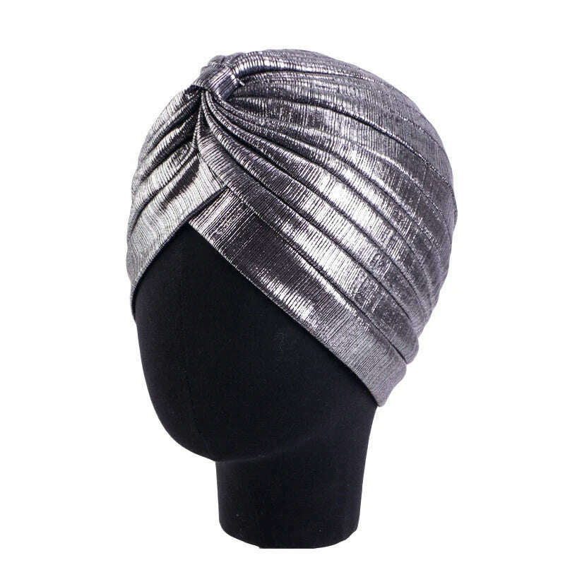 KIMLUD, New Women's Metallic Pleated Knot Turban Hat Retro Ethnic Hat Elastic Head Wrap Shiny Beanies Head Scarf Bonnet Chemo Cap, Silver grey / One Size, KIMLUD APPAREL - Womens Clothes