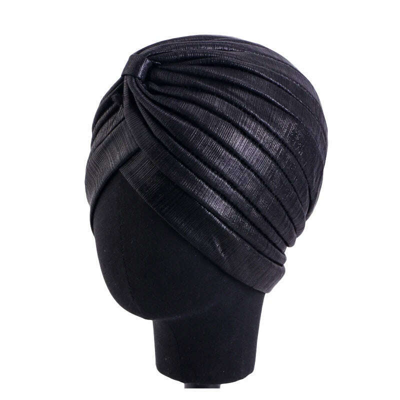 KIMLUD, New Women's Metallic Pleated Knot Turban Hat Retro Ethnic Hat Elastic Head Wrap Shiny Beanies Head Scarf Bonnet Chemo Cap, black / One Size, KIMLUD APPAREL - Womens Clothes