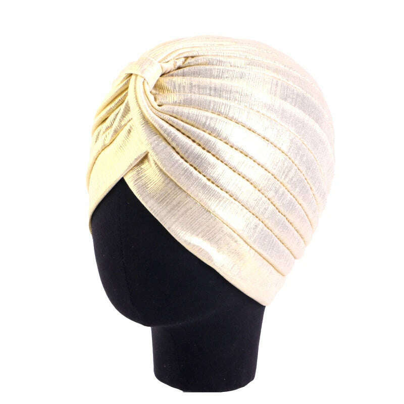 KIMLUD, New Women's Metallic Pleated Knot Turban Hat Retro Ethnic Hat Elastic Head Wrap Shiny Beanies Head Scarf Bonnet Chemo Cap, Light gold / One Size, KIMLUD APPAREL - Womens Clothes