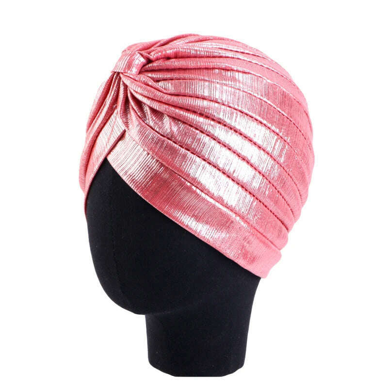 KIMLUD, New Women's Metallic Pleated Knot Turban Hat Retro Ethnic Hat Elastic Head Wrap Shiny Beanies Head Scarf Bonnet Chemo Cap, watermelon red / One Size, KIMLUD APPAREL - Womens Clothes