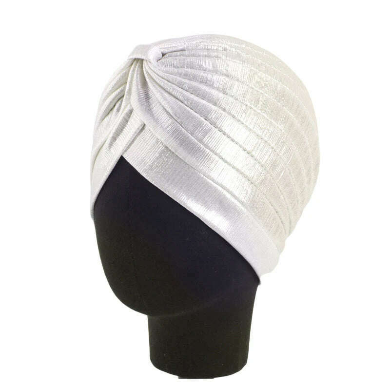 KIMLUD, New Women's Metallic Pleated Knot Turban Hat Retro Ethnic Hat Elastic Head Wrap Shiny Beanies Head Scarf Bonnet Chemo Cap, Beige / One Size, KIMLUD APPAREL - Womens Clothes