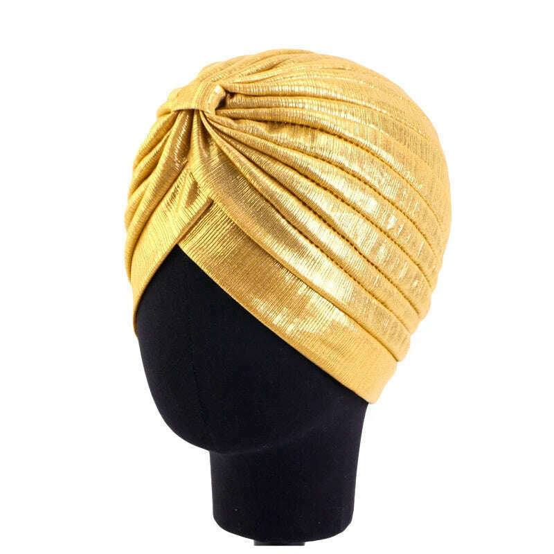 KIMLUD, New Women's Metallic Pleated Knot Turban Hat Retro Ethnic Hat Elastic Head Wrap Shiny Beanies Head Scarf Bonnet Chemo Cap, Yellow / One Size, KIMLUD APPAREL - Womens Clothes