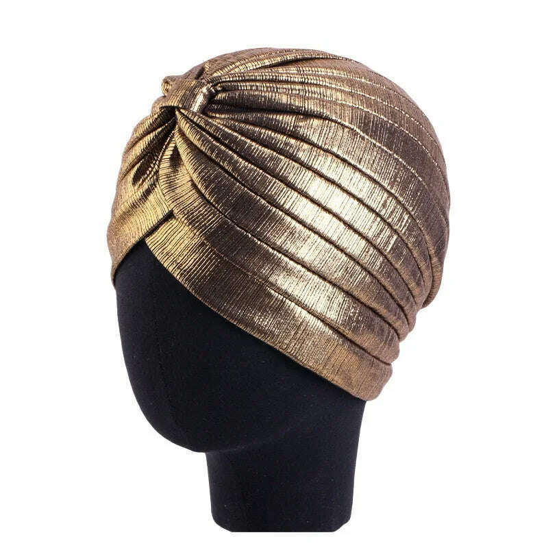 KIMLUD, New Women's Metallic Pleated Knot Turban Hat Retro Ethnic Hat Elastic Head Wrap Shiny Beanies Head Scarf Bonnet Chemo Cap, Gold / One Size, KIMLUD APPAREL - Womens Clothes