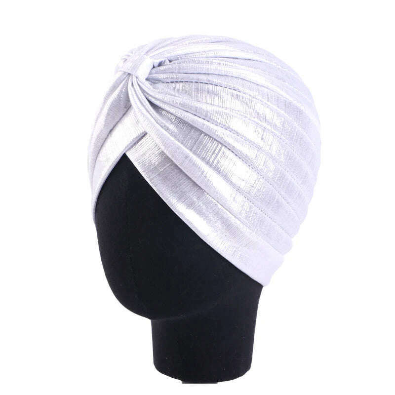 KIMLUD, New Women's Metallic Pleated Knot Turban Hat Retro Ethnic Hat Elastic Head Wrap Shiny Beanies Head Scarf Bonnet Chemo Cap, Ivory White / One Size, KIMLUD APPAREL - Womens Clothes