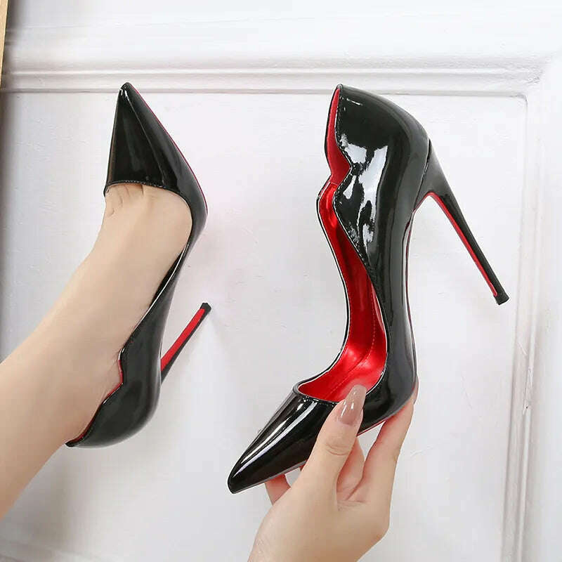 KIMLUD, Newly Women Sexy Elegant Pumps Stilettos Glossy Patent Side V Cut High Heels Pointed Toe Party Curl Cut Celebrity Shoes Size46, KIMLUD Womens Clothes