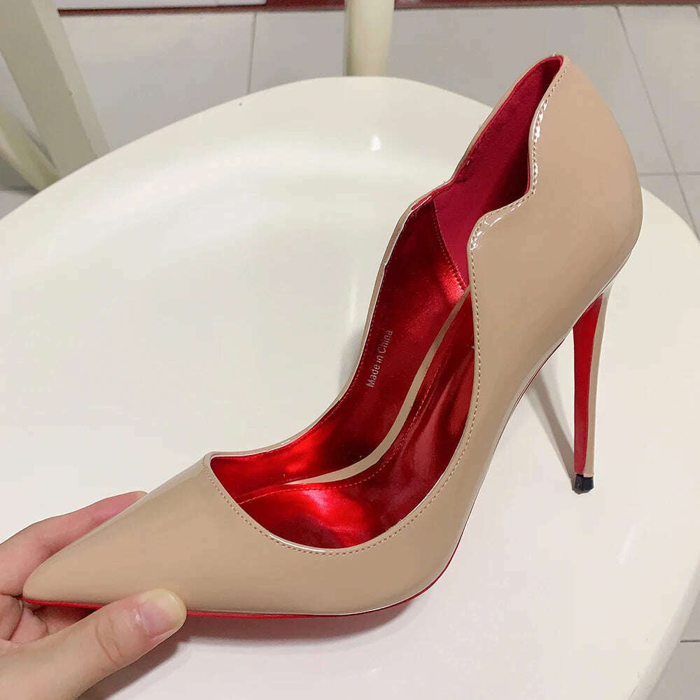 KIMLUD, Newly Women Sexy Elegant Pumps Stilettos Glossy Patent Side V Cut High Heels Pointed Toe Party Curl Cut Celebrity Shoes Size46, KIMLUD Womens Clothes