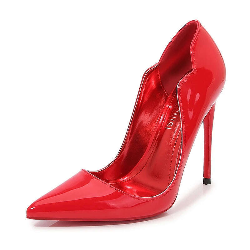 KIMLUD, Newly Women Sexy Elegant Pumps Stilettos Glossy Patent Side V Cut High Heels Pointed Toe Party Curl Cut Celebrity Shoes Size46, Red / 38 / China, KIMLUD APPAREL - Womens Clothes