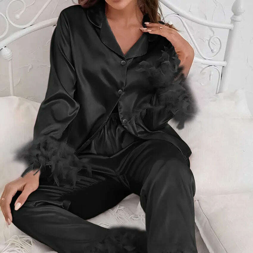 NHKDSASA Feathers Sleepwear Female 2 Piece Set Long Sleeve Turn Down Collar Tops Satin Casual Women Sets With Pants Summer 2022 - KIMLUD