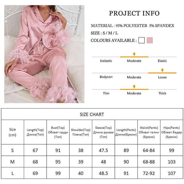 NHKDSASA Feathers Sleepwear Female 2 Piece Set Long Sleeve Turn Down Collar Tops Satin Casual Women Sets With Pants Summer 2022 - KIMLUD