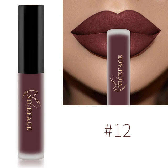 KIMLUD, NICEFACE Nude Matte Liquid Lipsticks Waterproof Long Lasting Lip Gloss Sexy Red Velvet Lip Tint Women Makeup Cosmetics Batom, 12, KIMLUD APPAREL - Womens Clothes