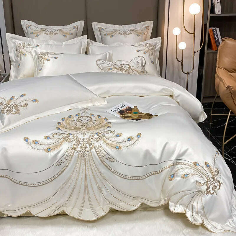 Nordic Bedding Set Luxury Gold Feather Embroidery 100 Egyptian Cotton Double Duvet Cover Bed Sheets and Pillowcases Bed Set - KIMLUD