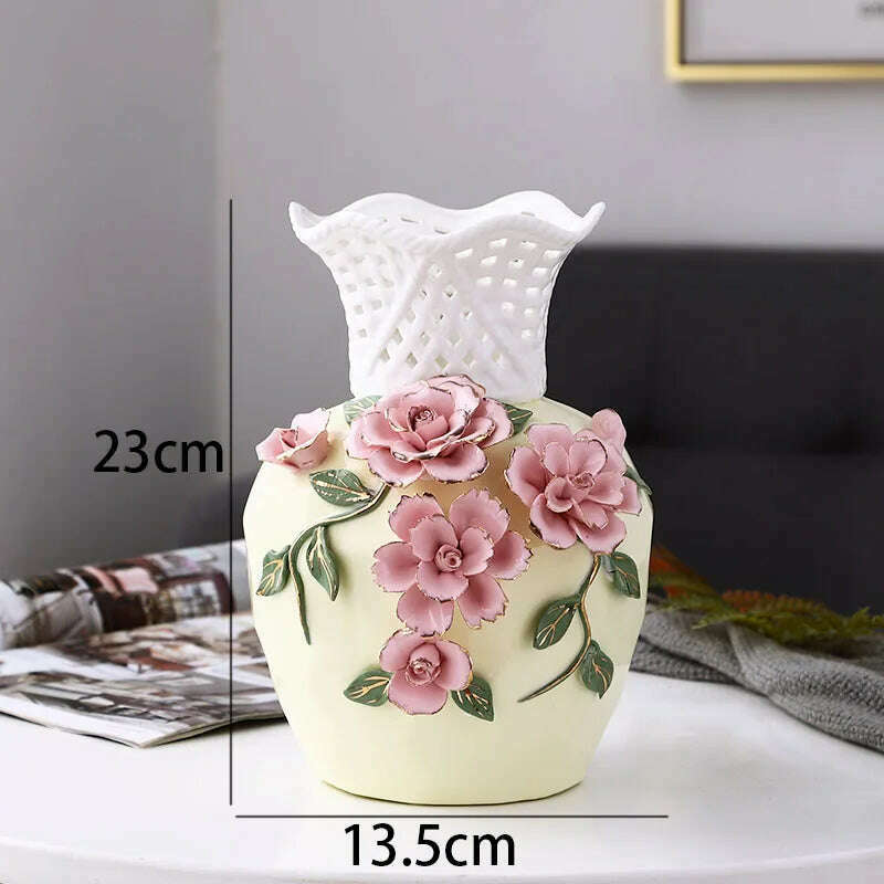 KIMLUD, Nordic Ceramic Vases Relief Craft Office Plant Pots Rose Flower Decorative Meeting Room Dried Flowers Organizer Home Decoration, KIMLUD Womens Clothes