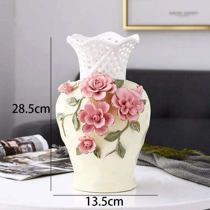 KIMLUD, Nordic Ceramic Vases Relief Craft Office Plant Pots Rose Flower Decorative Meeting Room Dried Flowers Organizer Home Decoration, C, KIMLUD Womens Clothes