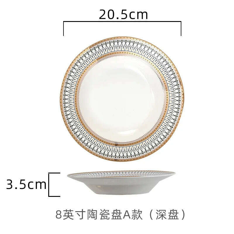 KIMLUD, Nordic Gold Edge Ceramic Tableware Dishes Plates Household Dishes Rice Bowls Soup Bowls Mugs Service Plate Dining Table Set, 8 inch-soup plate, KIMLUD APPAREL - Womens Clothes