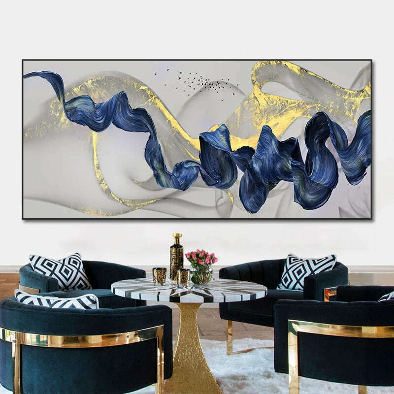 KIMLUD, Nordic Golden Luxury Canvas Painting Blue Ribbon Abstract Posters and Prints Wall Art Pictures for Living Room Home Decoration, KIMLUD Womens Clothes