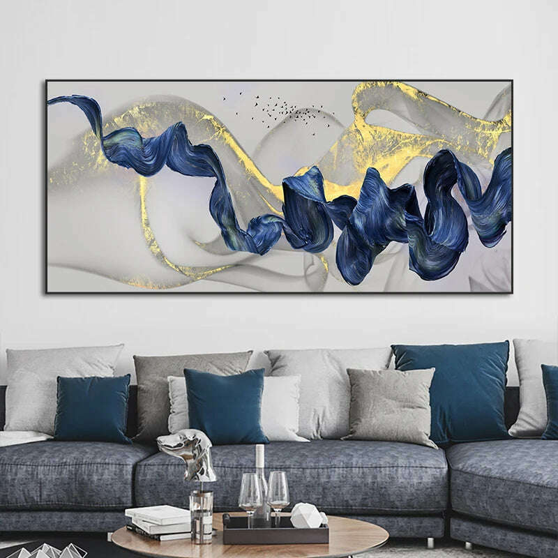 Nordic Golden Luxury Canvas Painting Blue Ribbon Abstract Posters and Prints Wall Art Pictures for Living Room Home Decoration - KIMLUD