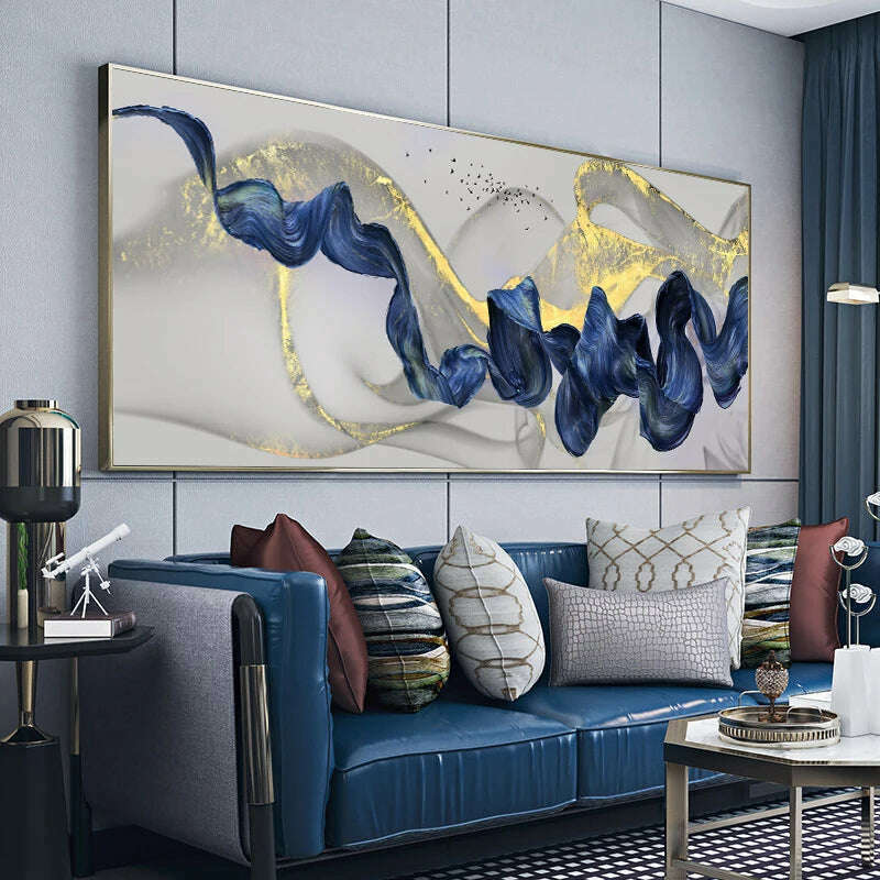 Nordic Golden Luxury Canvas Painting Blue Ribbon Abstract Posters and Prints Wall Art Pictures for Living Room Home Decoration - KIMLUD