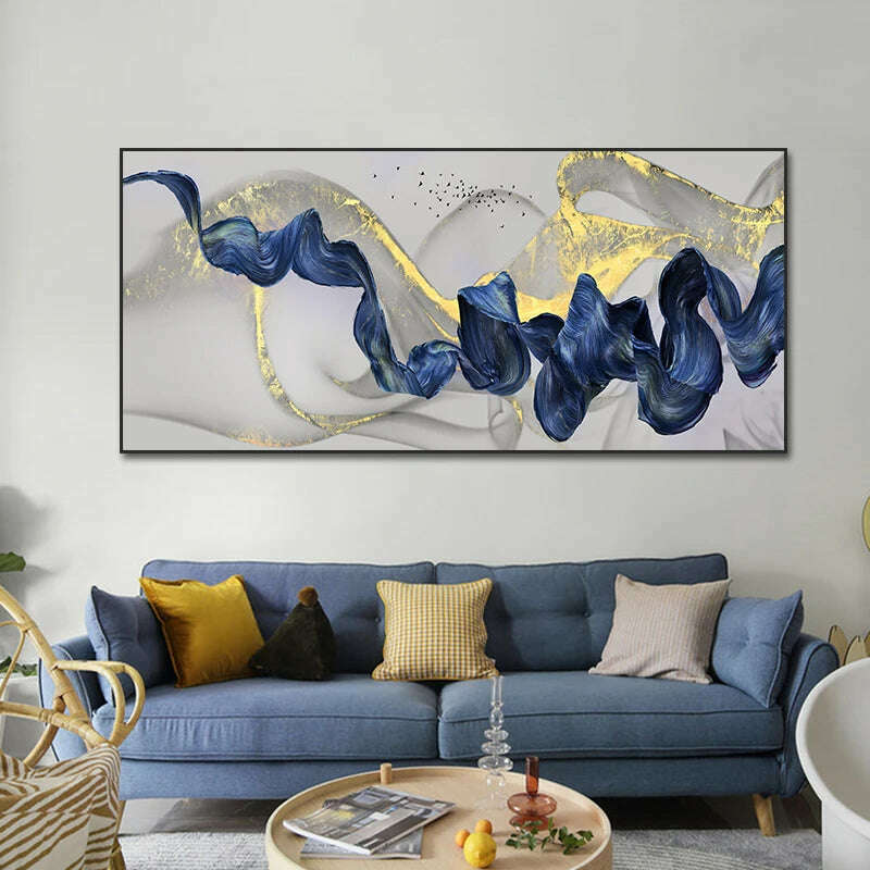 KIMLUD, Nordic Golden Luxury Canvas Painting Blue Ribbon Abstract Posters and Prints Wall Art Pictures for Living Room Home Decoration, KIMLUD Womens Clothes