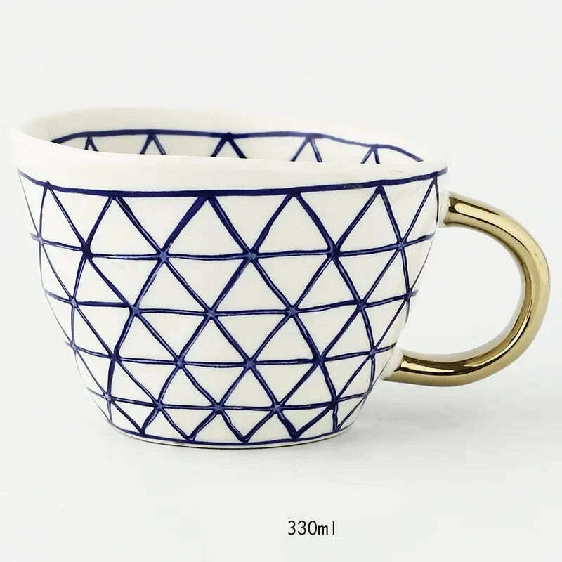KIMLUD, Nordic Hand-painted Simple Large Capacity Water Cup Ceramic Household Breakfast Cup Irregular Office Coffee Cup, Blue triangle gold h / 301-400ml, KIMLUD Womens Clothes