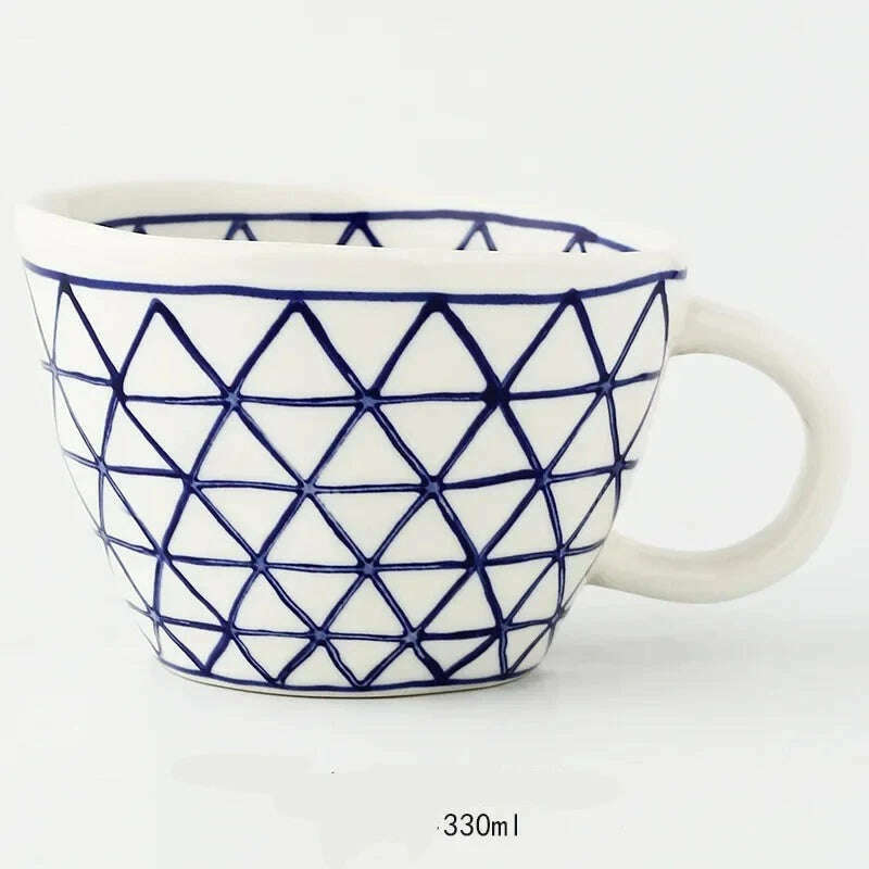 KIMLUD, Nordic Hand-painted Simple Large Capacity Water Cup Ceramic Household Breakfast Cup Irregular Office Coffee Cup, Blue triangle / 301-400ml, KIMLUD Womens Clothes