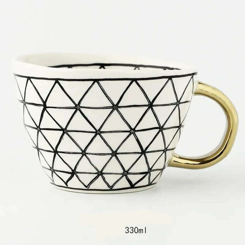 KIMLUD, Nordic Hand-painted Simple Large Capacity Water Cup Ceramic Household Breakfast Cup Irregular Office Coffee Cup, Black triangle gold / 301-400ml, KIMLUD Womens Clothes