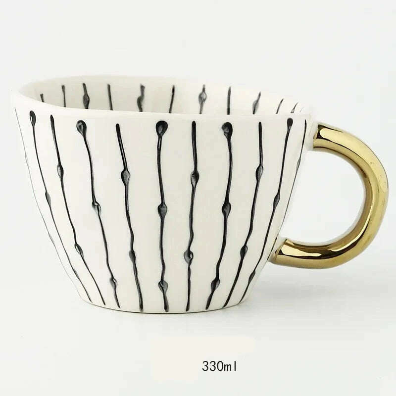 KIMLUD, Nordic Hand-painted Simple Large Capacity Water Cup Ceramic Household Breakfast Cup Irregular Office Coffee Cup, Linear gold handle / 301-400ml, KIMLUD Womens Clothes