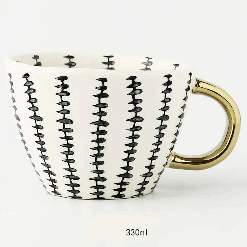 KIMLUD, Nordic Hand-painted Simple Large Capacity Water Cup Ceramic Household Breakfast Cup Irregular Office Coffee Cup, Black fence gold han / 301-400ml, KIMLUD Womens Clothes