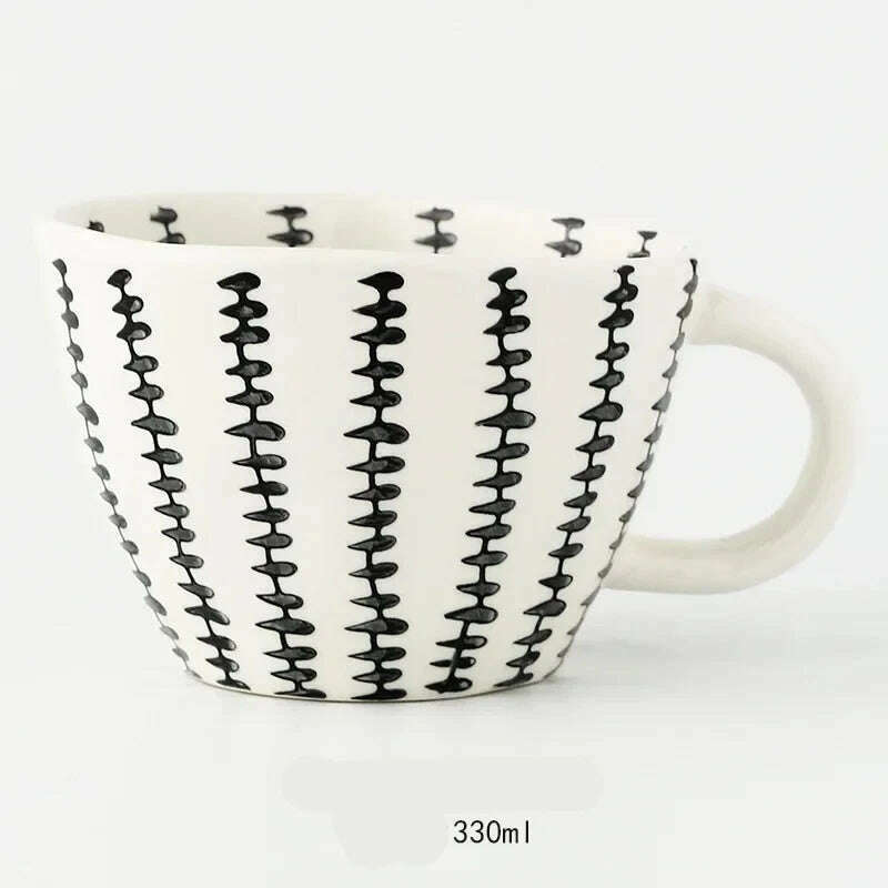 KIMLUD, Nordic Hand-painted Simple Large Capacity Water Cup Ceramic Household Breakfast Cup Irregular Office Coffee Cup, Black fence / 301-400ml, KIMLUD Womens Clothes