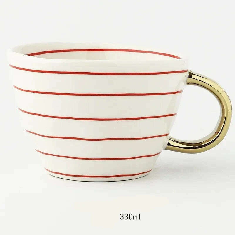 KIMLUD, Nordic Hand-painted Simple Large Capacity Water Cup Ceramic Household Breakfast Cup Irregular Office Coffee Cup, Red striped gold han / 301-400ml, KIMLUD Womens Clothes
