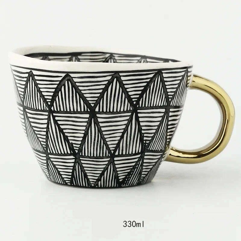 KIMLUD, Nordic Hand-painted Simple Large Capacity Water Cup Ceramic Household Breakfast Cup Irregular Office Coffee Cup, Mesh triangle gold h / 301-400ml, KIMLUD Womens Clothes